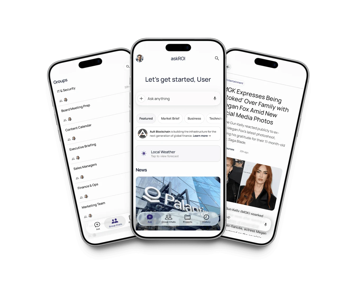 askROI running on iPhone — chat, search, and project workspaces