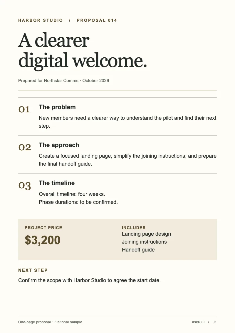 One-page proposal: a PDF built by askROI