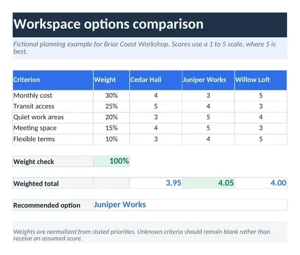 Options comparison: an Excel spreadsheet built by askROI